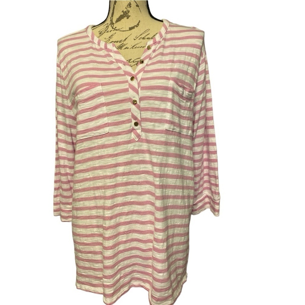 Chico’s Ultimate Tee top, pink and white stripes, 3/4 sleeves Lightweight Cotton